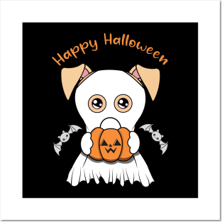 Happy Halloween Cute ghost dog, Kawaii black dog with pumpkin Posters and Art